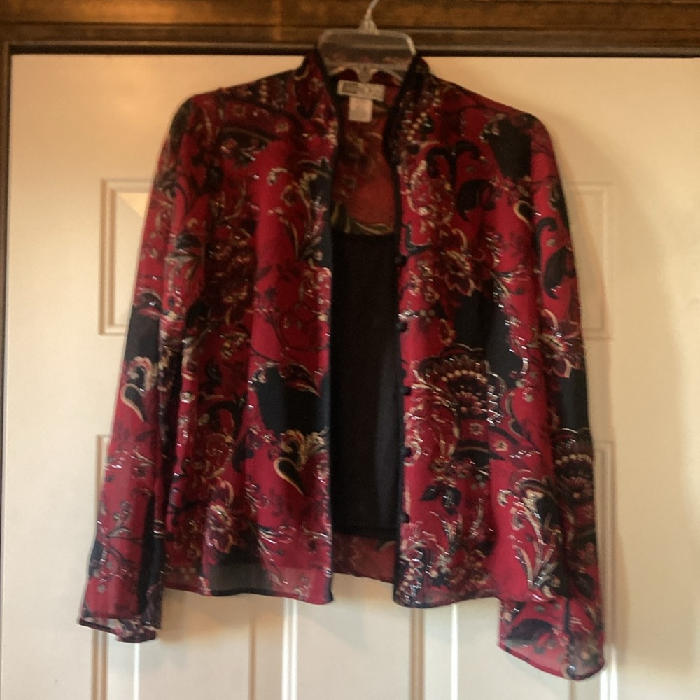 Small Sara Michelle Burgundy and Black Shimmery Sheer Long Sleeve Top with Cami
